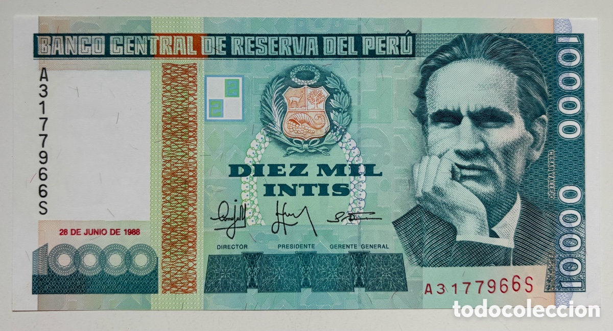 Billetes extranjeros: Billete PERU 10000 Intis 1988 SC