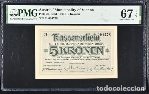 Banconote internazionali: AUSTRIA * BILLETE 5 KRONEN 1918 * PMG-67 TOP POP EPQ (IC-1724)