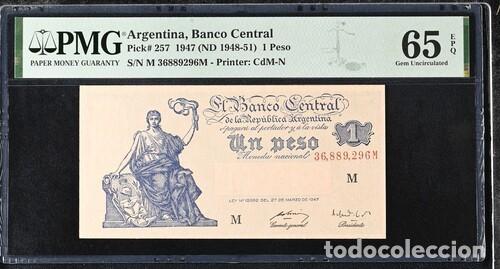Billetes extranjeros: ARGENTINA * BILLETE 1 PESO 1947 * PMG-65 EPQ (IC-1725)