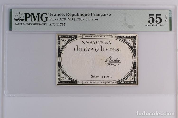 Billetes extranjeros: FRANCIA * BILLETE 5 LIVRES 1793 * PMG-55 EPQ (IC-1732)