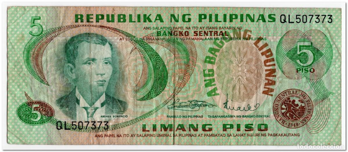 Billetes extranjeros: PHILIPPINES,5 PISO,1974-85 P.153a,FINE