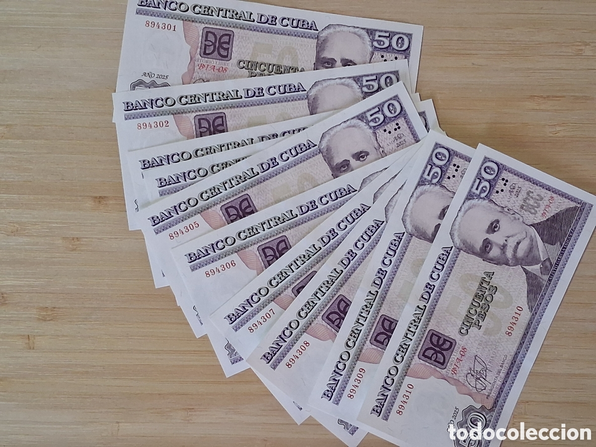 Billetes extranjeros: 10 Billetes Cuba 50 Pesos 2025 Correlativos SC