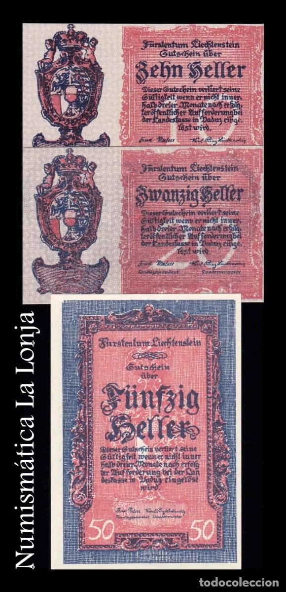 Billetes extranjeros: Liechtenstein Set completo 10 20 50 Heller 1920 Pick 1 2 3 Sc Unc