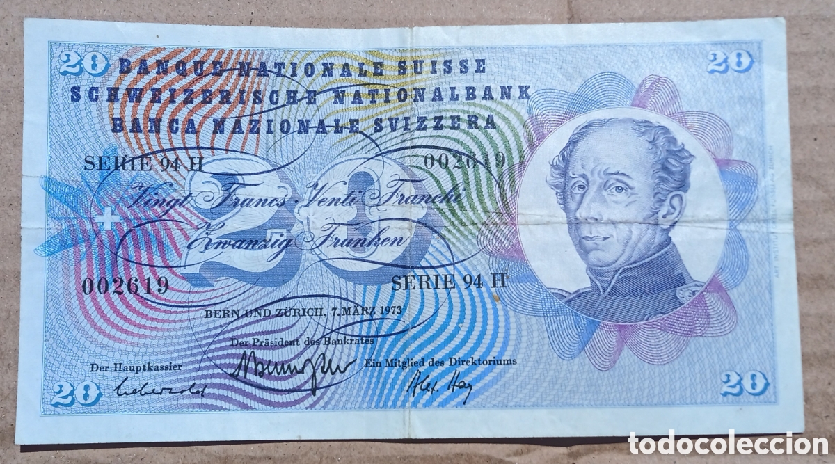 Billetes extranjeros: Suiza - 20 Francos 1973 - 94H 002619 - Mbc-