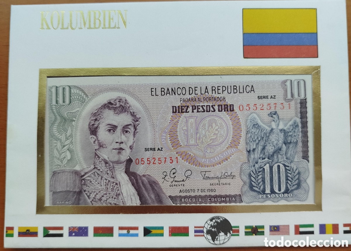 Billetes extranjeros: Billete 10 Pesos Oro Rep&uacute;blica De Colombia (1980) Serie AZ Nari&ntilde;o
