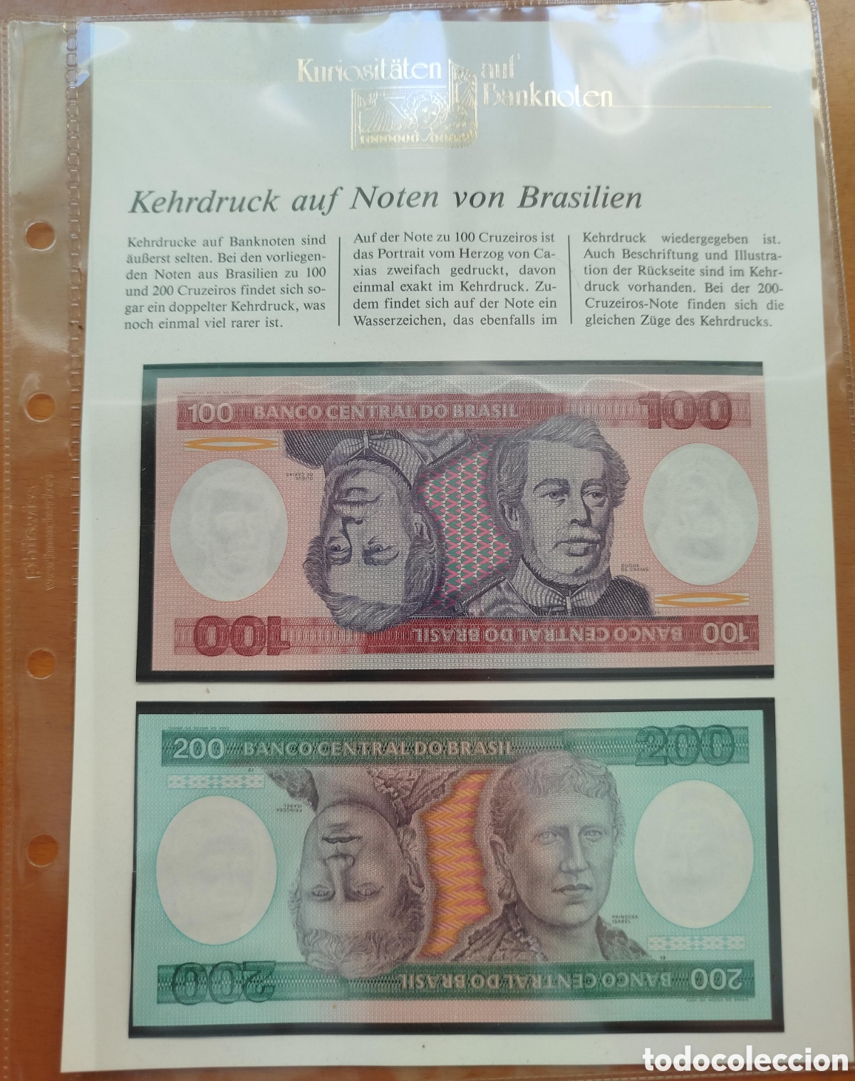 Billetes extranjeros: Lote 2 Billetes Brasil 100 y 200 Cruzeiros (1981-1985) - Serie Dise&ntilde;o Reversible Sim&eacute;trico