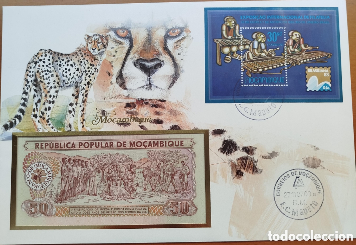 Billetes extranjeros: Sobre Numism&aacute;tico-Filat&eacute;lico Mozambique 1987 FDC &ndash; Guepardo y 50 Meticais