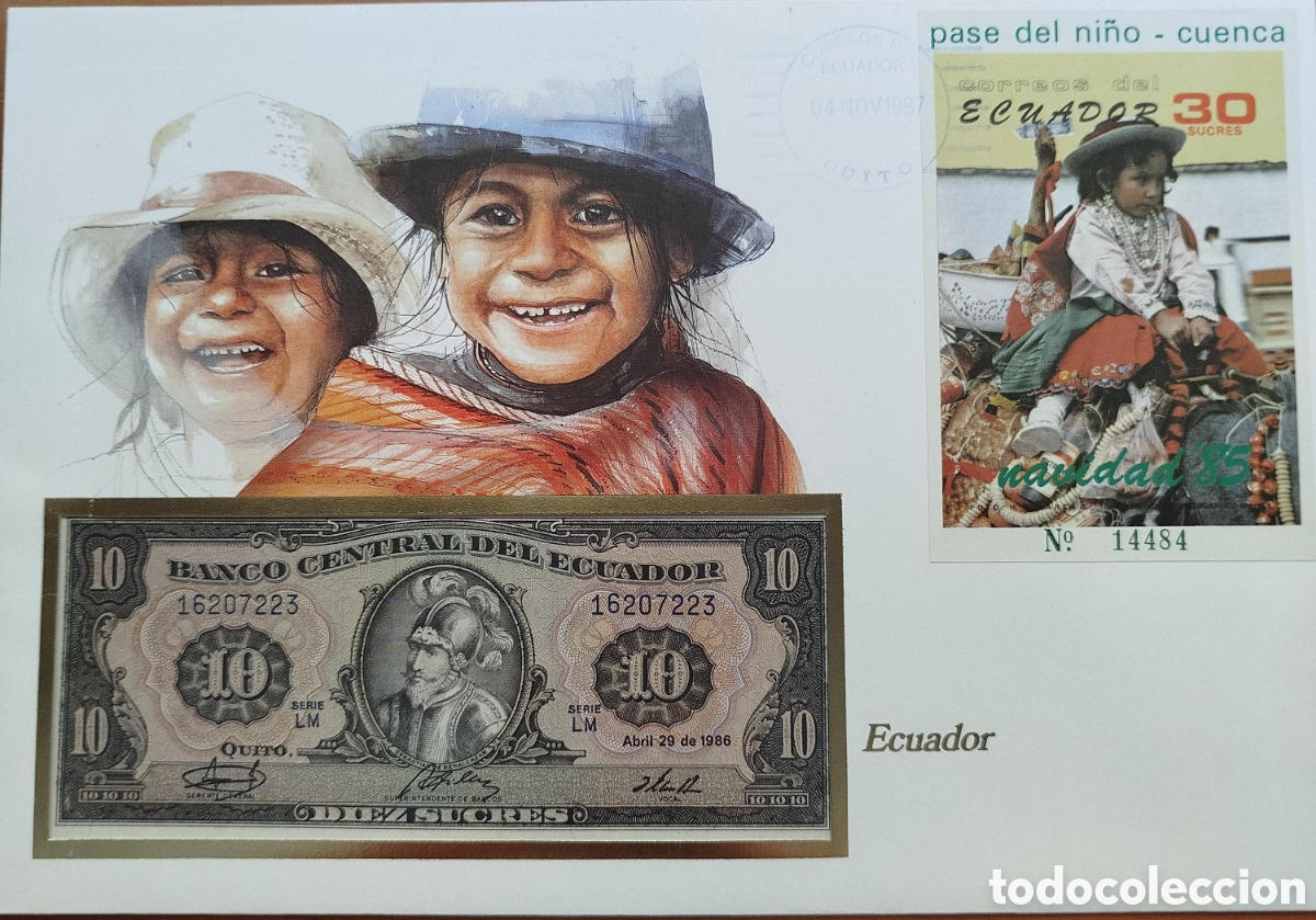 Billetes extranjeros: Sobre Numism&aacute;tico Primer D&iacute;a Ecuador 1987 - Billete 10 Sucres (1986) y Sello Pase del Ni&ntilde;o