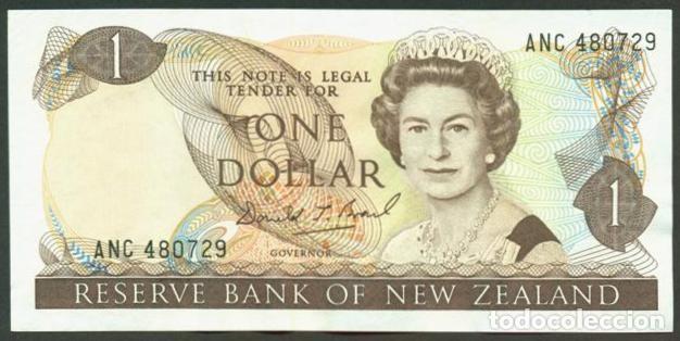 Billetes extranjeros: NUEVA ZELANDA (NEW ZEALAND). 1 $ (1989-1992). Pick 169 c. Isabel II, fauna, ave. Firma - Brash.