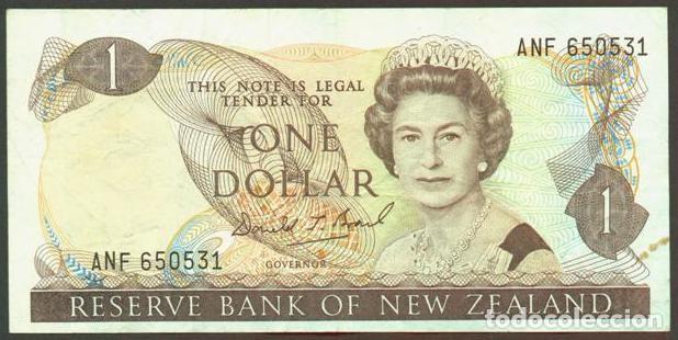 Billetes extranjeros: NUEVA ZELANDA (NEW ZEALAND). 1 $ (1989-1992). Pick 169 c. Isabel II, fauna, ave. Firma - Brash.