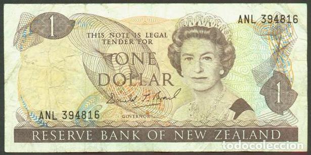 Billetes extranjeros: NUEVA ZELANDA (NEW ZEALAND). 1 $ (1989-1992). Pick 169 c. Isabel II, fauna, ave. Firma - Brash.