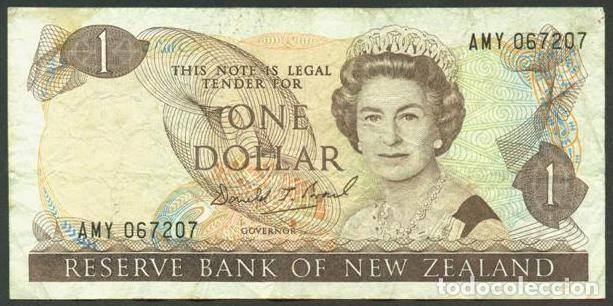 Billetes extranjeros: NUEVA ZELANDA (NEW ZEALAND). 1 $ (1989-1992). Pick 169 c. Isabel II, fauna, ave. Firma - Brash.