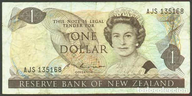 Billetes extranjeros: NUEVA ZELANDA (NEW ZEALAND). 1 $ (1985-1989). Pick 169 b. Isabel II, fauna, ave. Firma - Russell.