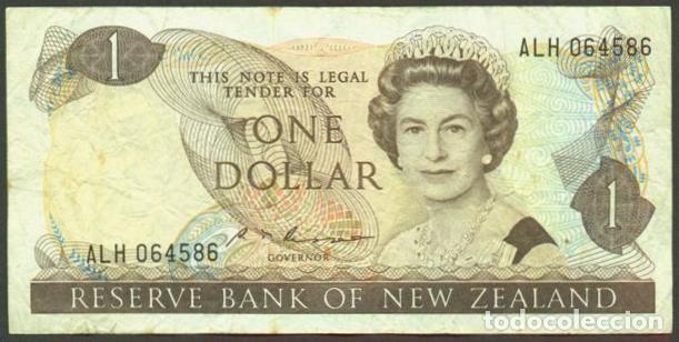 Billetes extranjeros: NUEVA ZELANDA (NEW ZEALAND). 1 $ (1985-1989). Pick 169 b. Isabel II, fauna, ave. Firma - Russell.