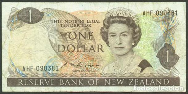 Billetes extranjeros: NUEVA ZELANDA (NEW ZEALAND). 1 $ (1985-1989). Pick 169 b. Isabel II, fauna, ave. Firma - Russell.