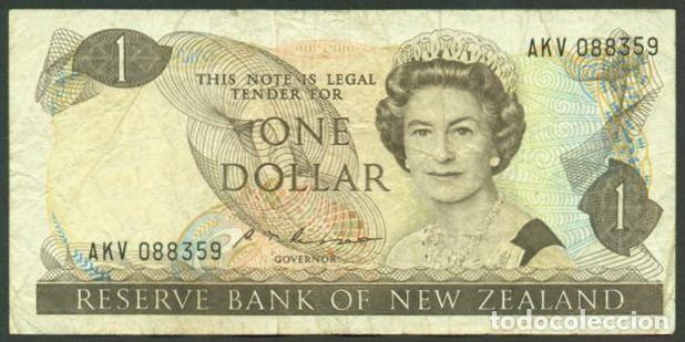 Billetes extranjeros: NUEVA ZELANDA (NEW ZEALAND). 1 $ (1985-1989). Pick 169 b. Isabel II, fauna, ave. Firma - Russell.