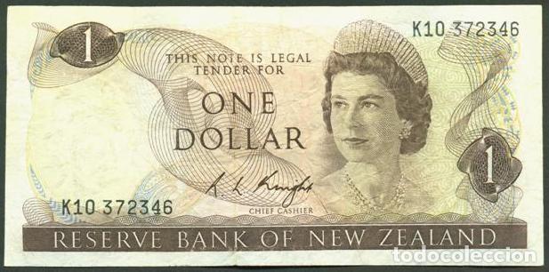 Billetes extranjeros: NUEVA ZELANDA (NEW ZEALAND). 1 $ (1975-1977). Pick 163 c. Isabel II, fauna, ave. Firma - Knight.