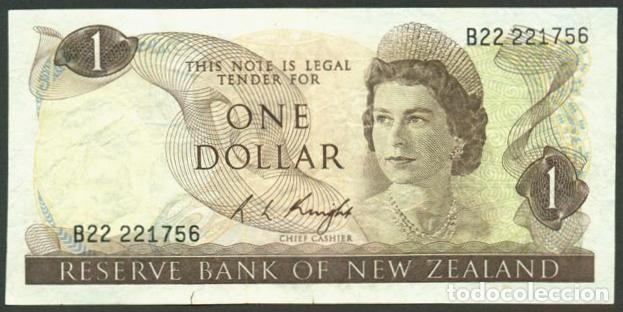 Billetes extranjeros: NUEVA ZELANDA (NEW ZEALAND). 1 $ (1975-1977). Pick 163 c. Isabel II, fauna, ave. Firma - Knight.