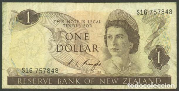 Billetes extranjeros: NUEVA ZELANDA (NEW ZEALAND). 1 $ (1975-1977). Pick 163 c. Isabel II, fauna, ave. Firma - Knight.