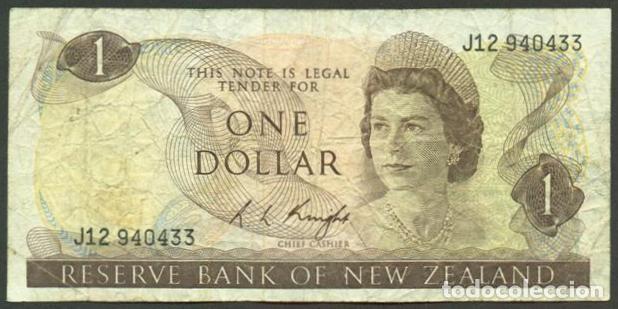 Billetes extranjeros: NUEVA ZELANDA (NEW ZEALAND). 1 $ (1975-1977). Pick 163 c. Isabel II, fauna, ave. Firma - Knight.