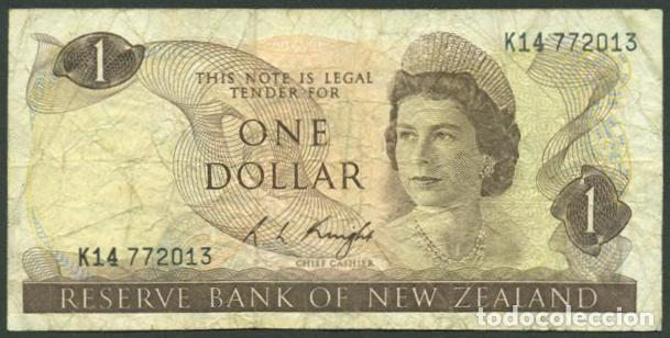 Billetes extranjeros: NUEVA ZELANDA (NEW ZEALAND). 1 $ (1975-1977). Pick 163 c. Isabel II, fauna, ave. Firma - Knight.