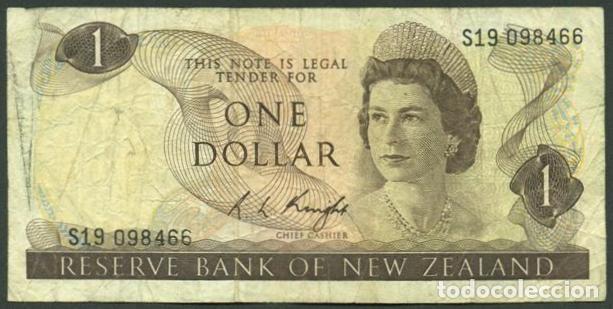 Billetes extranjeros: NUEVA ZELANDA (NEW ZEALAND). 1 $ (1975-1977). Pick 163 c. Isabel II, fauna, ave. Firma - Knight.