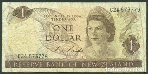 Billetes extranjeros: NUEVA ZELANDA (NEW ZEALAND). 1 $ (1975-1977). Pick 163 c. Isabel II, fauna, ave. Firma - Knight.