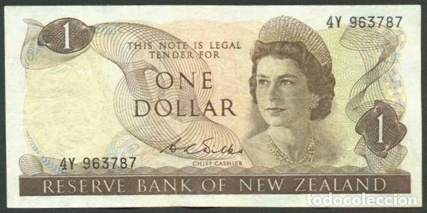 Billetes extranjeros: NUEVA ZELANDA (NEW ZEALAND). 1 $ (1968-1975). Pick 163 b. Isabel II, fauna, ave. Firma - Wilks.