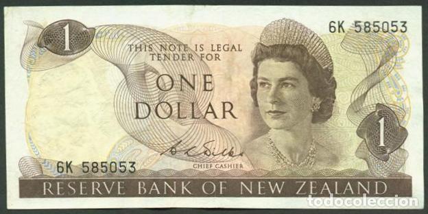 Billetes extranjeros: NUEVA ZELANDA (NEW ZEALAND). 1 $ (1968-1975). Pick 163 b. Isabel II, fauna, ave. Firma - Wilks.