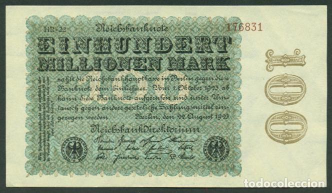 Billetes extranjeros: ALEMANIA. 100 millionen mark 1923. Ver la letra del numerador (peque&ntilde;a, sin prefijo).