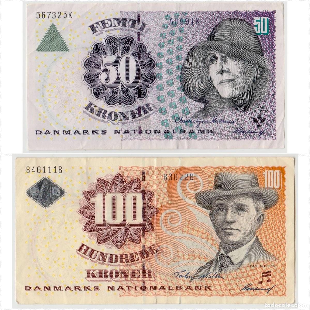 Billetes extranjeros: Dinamarca Set 2 pcs 50 y 100 Coronas Circulados (los billete de las fotos)