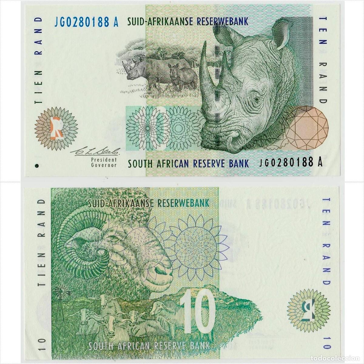 Billetes extranjeros: Sud&aacute;frica 10 Rand 1993 Pick 123a n/s JG0280188A Sin Circular (el billete de la foto)