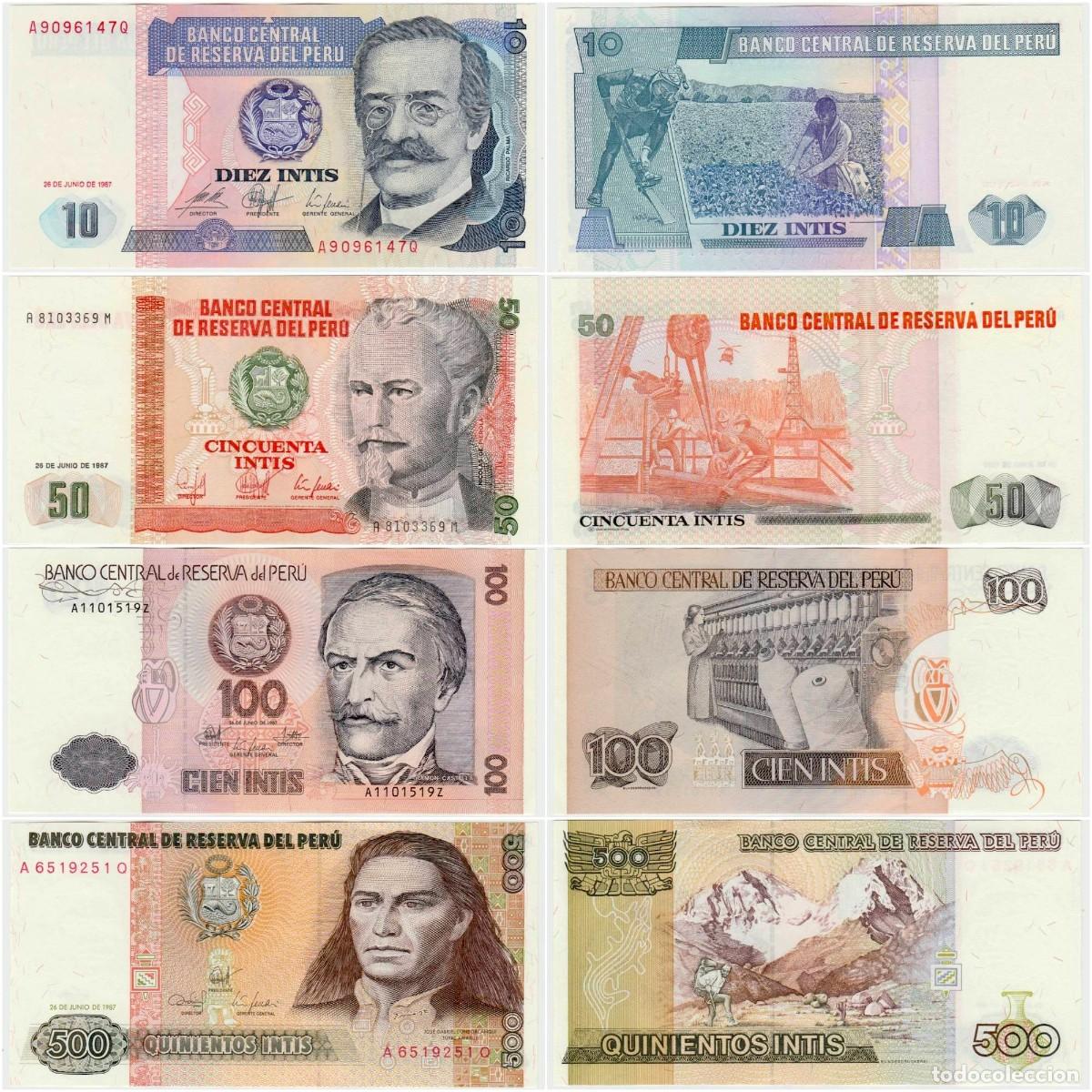 Billetes extranjeros: Per&uacute; Set 4 pcs 10 50 100 500 Intis 1987 Sin Circular (el billete de la foto)