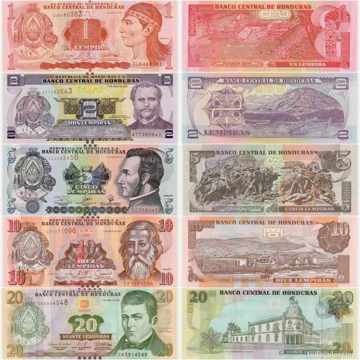 Billetes extranjeros: Honduras Set 5 pcs 1 2 5 10 y 20 Lempiras 2019-2024 Sin Circular (los billetes de las fotos)