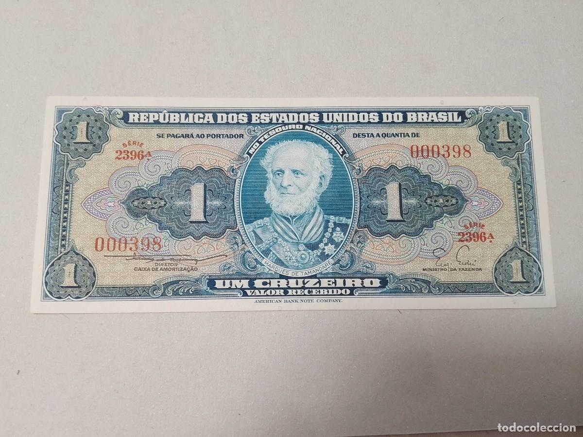 Billetes extranjeros: Billete Brasil, 1 cruzeiro, a&ntilde;o 1954, serie 000398, n&ordm; bajisimo, aUNC