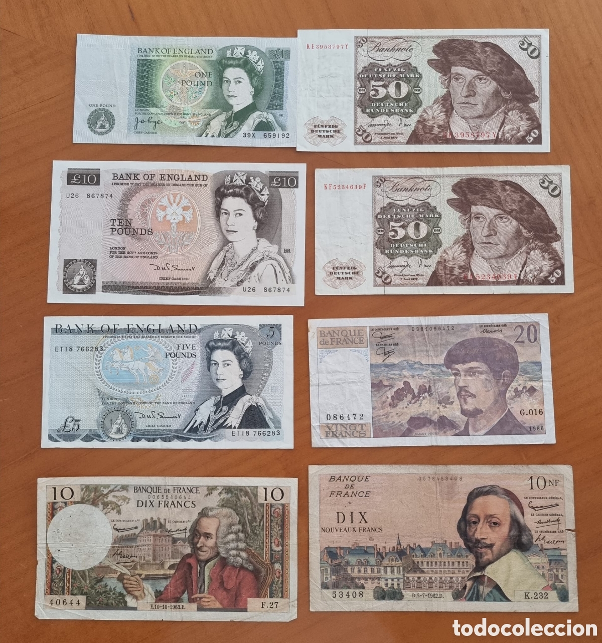 Billetes extranjeros: Lote de ocho billetes Francia Alemania originales ved fotos