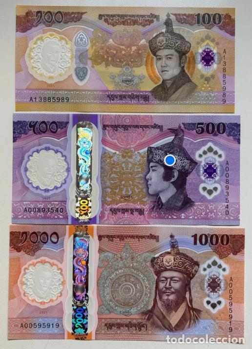 Billetes extranjeros: Bhut&aacute;n Set 3 billetes 100 500 1000 Ngultrum Conmemorativo 2025 Pick 43,44,45 Pol&iacute;mero Unc