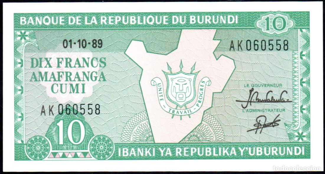 Billetes extranjeros: BURUNDI - 10 FRANCOS 1989 - Pick. 33 - S/C