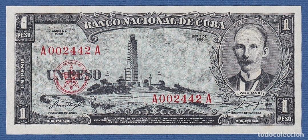 Billetes extranjeros: CUBA -- 1 PESO ( 1956 ) -- UNC -- SERIE A--A -- N&ordm; CURIOSO // FANCY # -- PICK 87a .