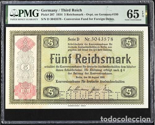 Billetes extranjeros: ALEMANIA * BILLETE 5 REICHSMARK 1934 * PMG-65 EPQ (IC-1785)