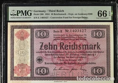 Billetes extranjeros: ALEMANIA * BILLETE 10 REICHSMARK 1934 * PMG-66 EPQ TOP POP (IC-1786)
