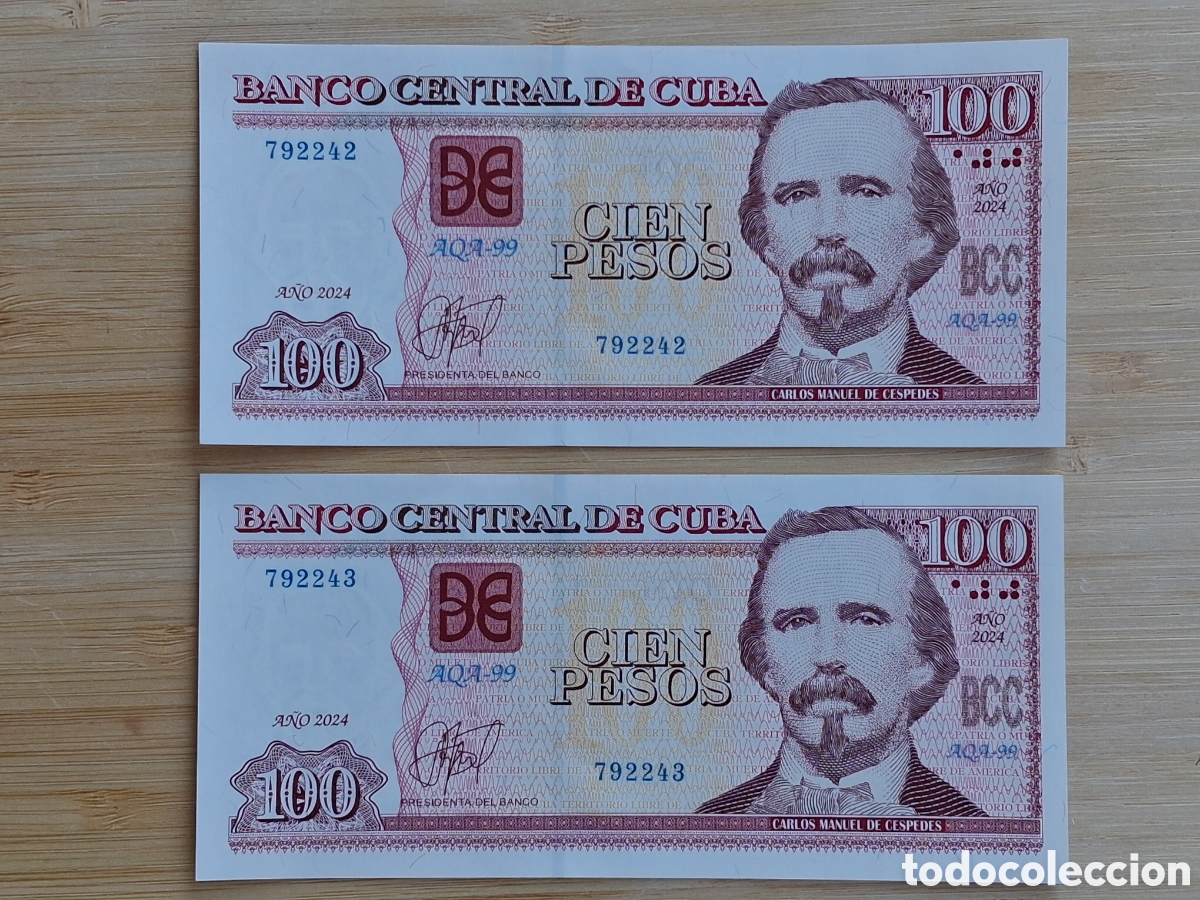 Billetes extranjeros: Cuba 2 Billetes Correlativos 100 Pesos 2024 Remplazo