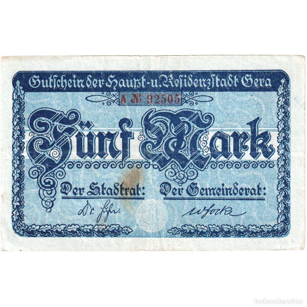 Billetes extranjeros: [#1234090] Alemania, Gera Stadt, 5 Mark, 1919-02-01, MBC+