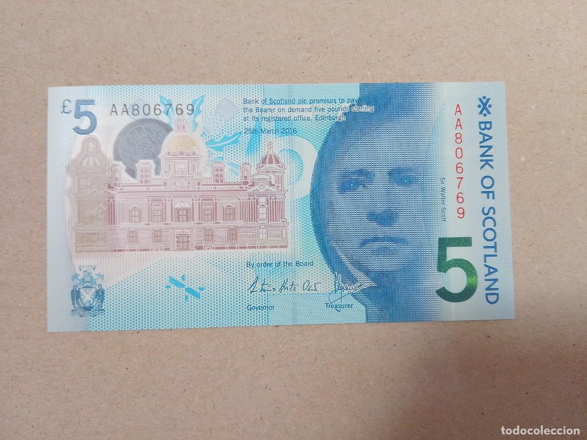 Billetes extranjeros: Billete Escocia, 5 libras, serie AA, a&ntilde;o 2016, UNC