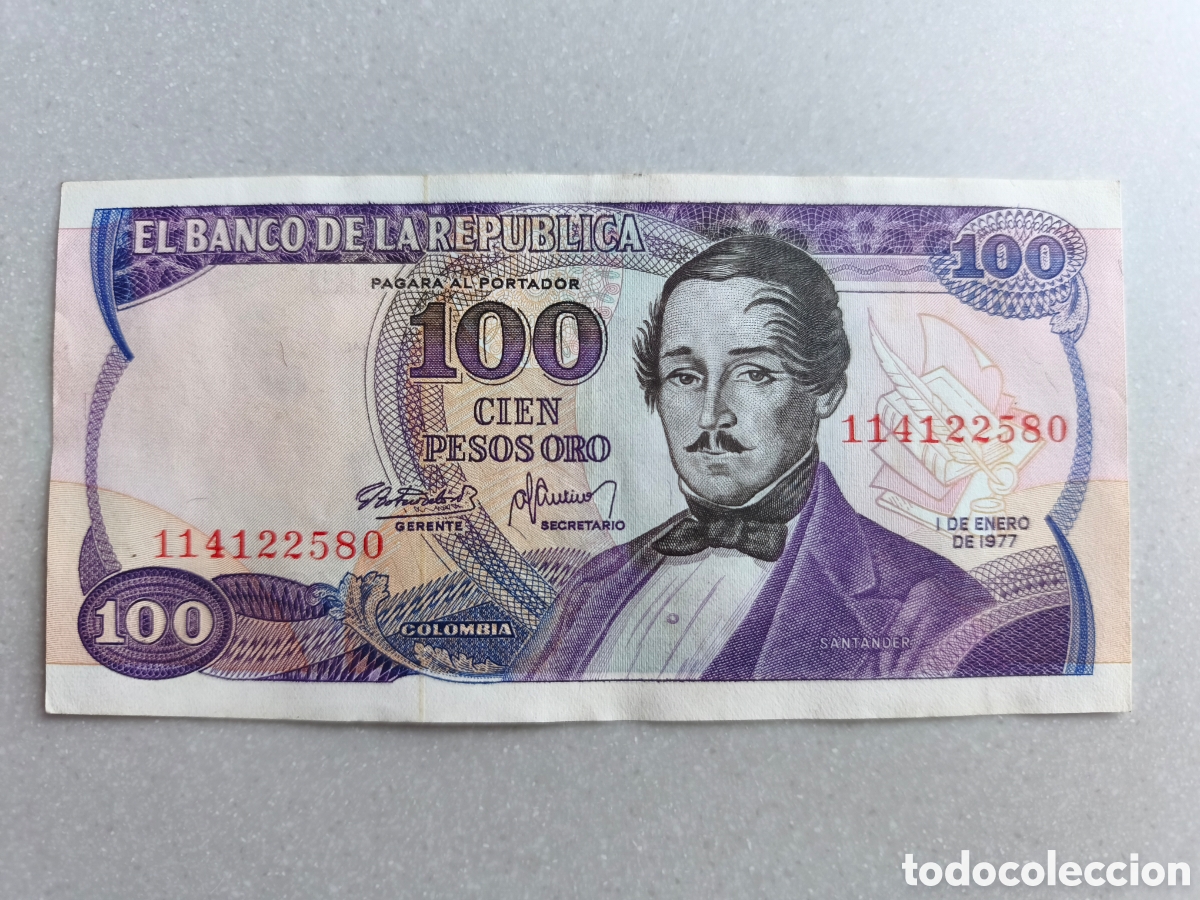Billetes extranjeros: 100 pesos oro Colombia 1977