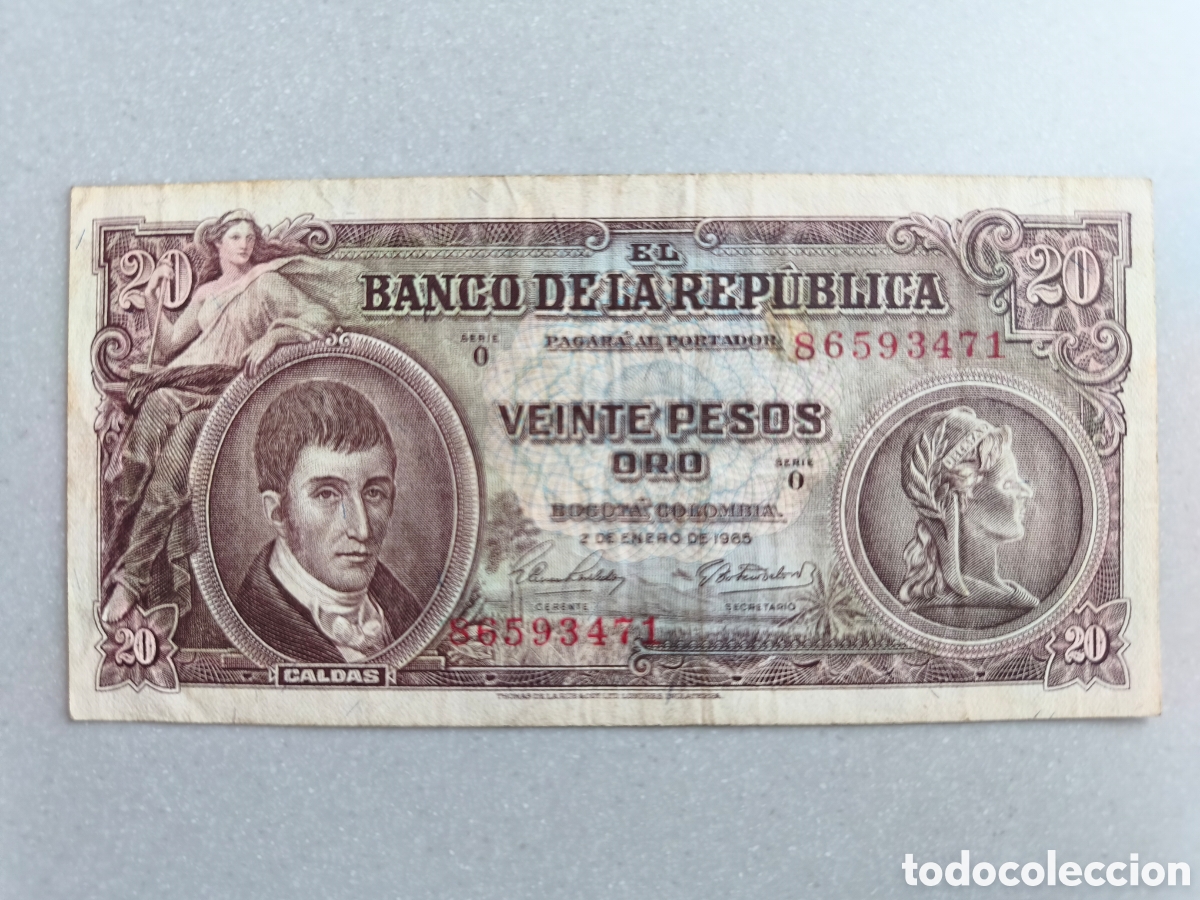 Billetes extranjeros: 20 pesos oro Colombia 1965