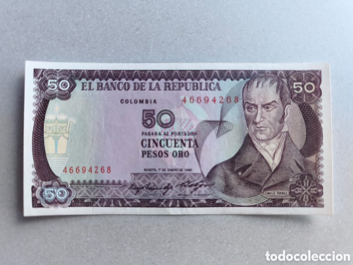 Billetes extranjeros: 50 pesos oro Colombia 1986