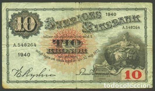 Billetes extranjeros: SUECIA. 10 kronor 1940. Pick 34w. Variante de firmas.