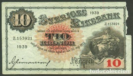 Billetes extranjeros: SUECIA. 10 kronor 1939. Pick 34v. Variante de firmas.