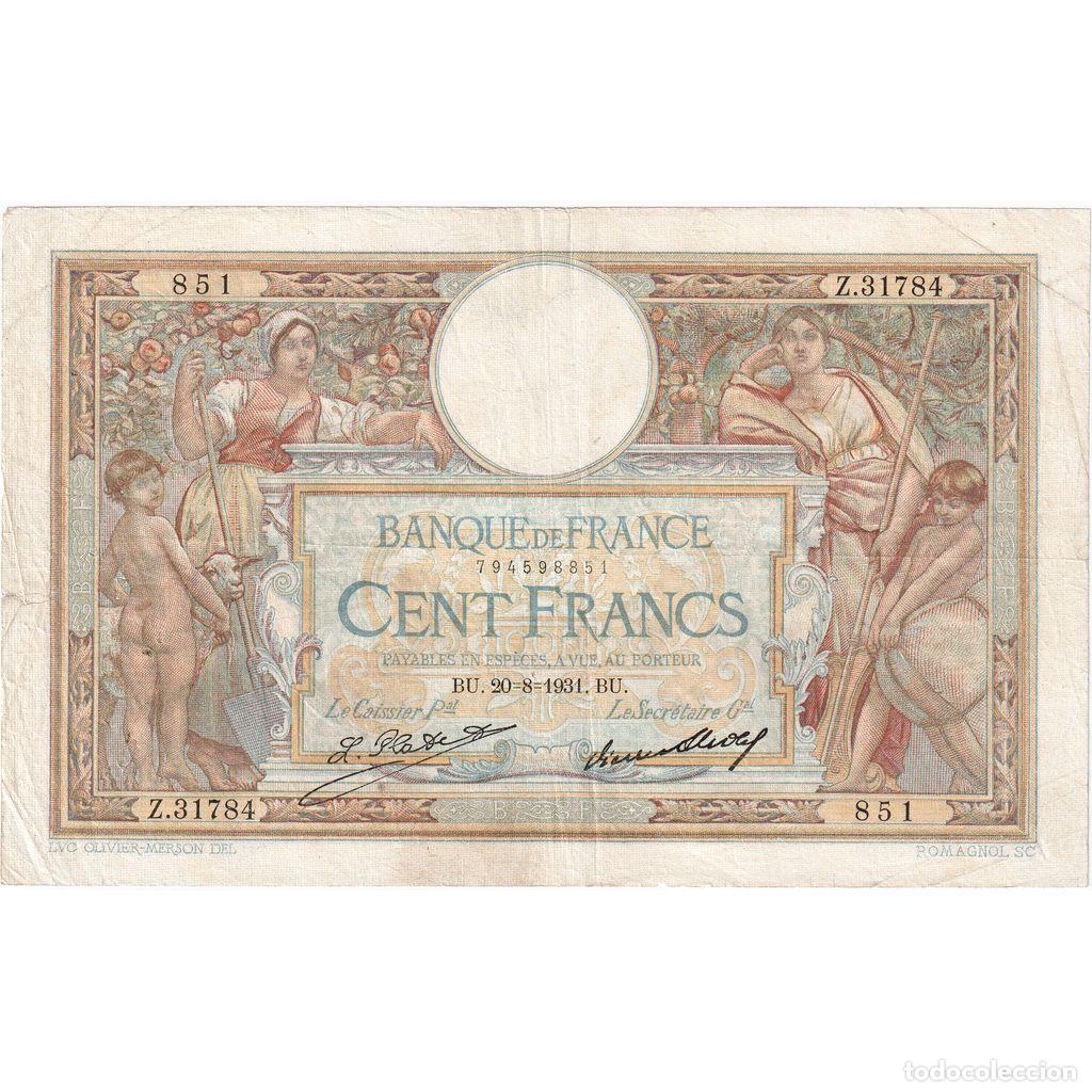 Billetes extranjeros: [#249369] Francia, 100 Francs, Luc Olivier Merson, 1931-08-20, Z.31784851, MBC